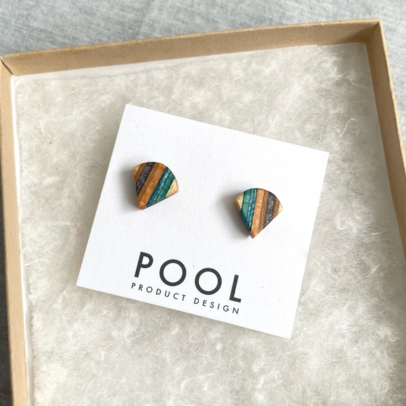 POOL Eco Upcycled Repurposed Wooden Skateboard Stud Earrings - Picture 1 of 4